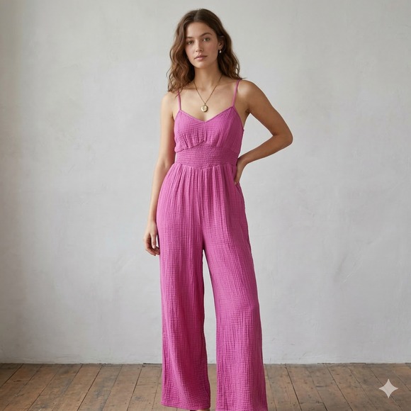 Anthropologie Pants - Anthropologie Jumpsuit Womens Small Magenta Pink Gauze Smocked Waist Wide Leg